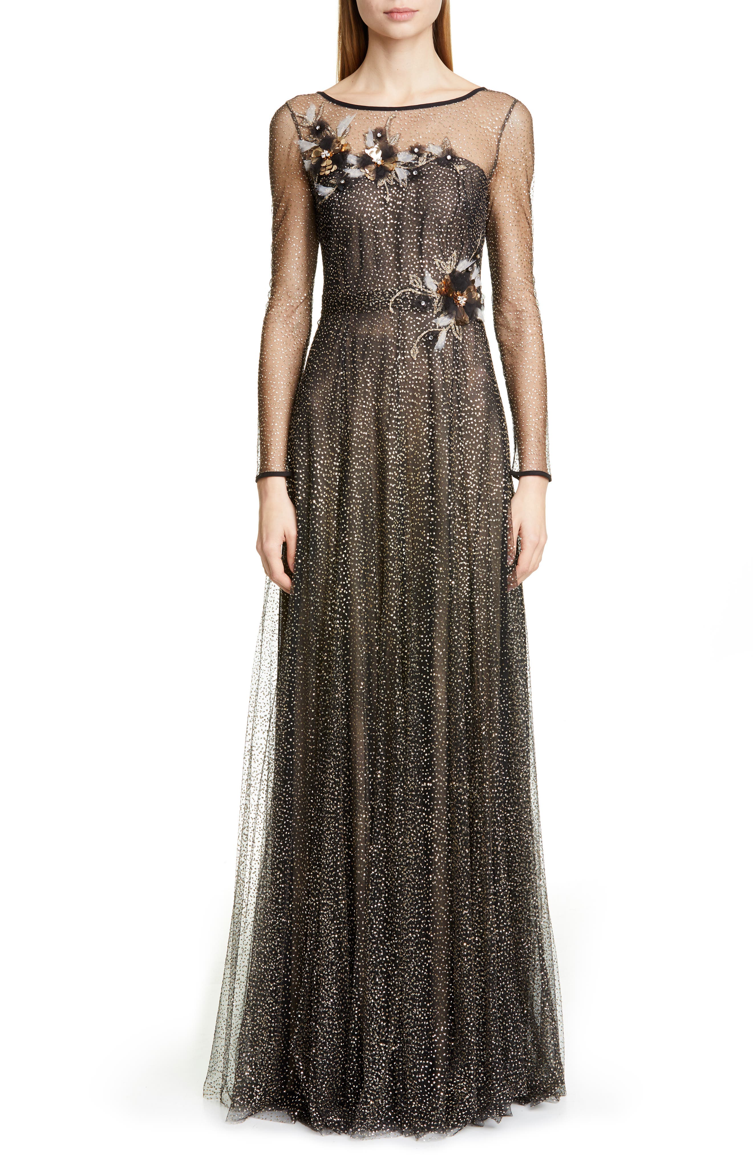 Marchesa Notte Long Sleeve Shimmer Tulle Gown, Black