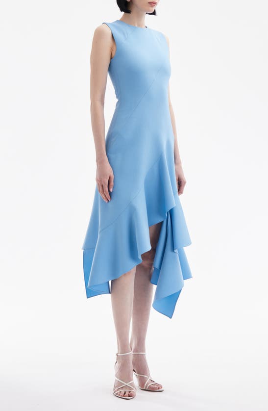 Shop Oscar De La Renta Asymmetric Ruffle Hem Wool Blend Midi Dress In Pastel Blue