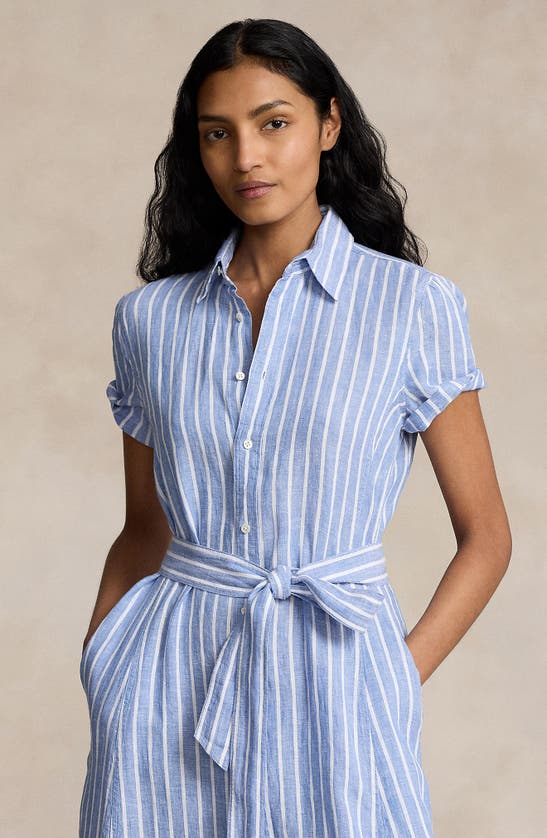 Shop Polo Ralph Lauren Ashton Stripe Tie Waist Linen Midi Shirtdress In Lake Blue/ White Stripe