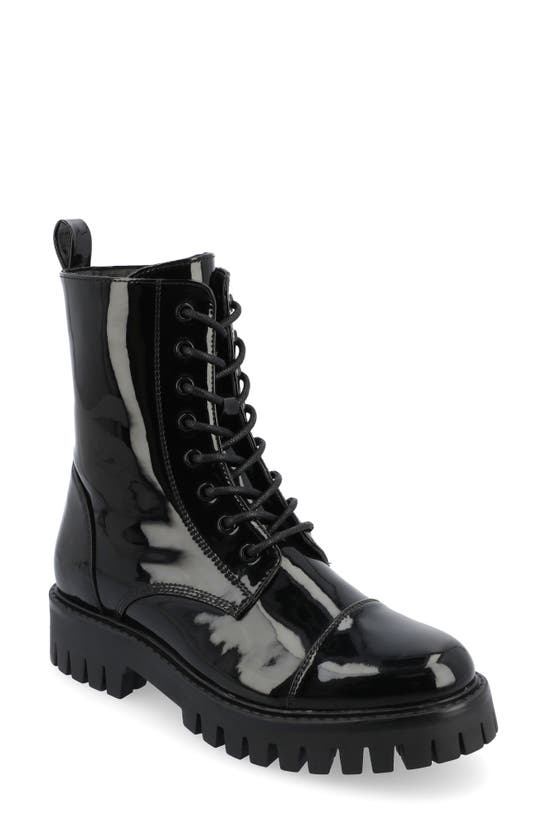 Journee Collection Women's Aaley Medium And Wide Width Lug Combat Bootie In Patent/ Black