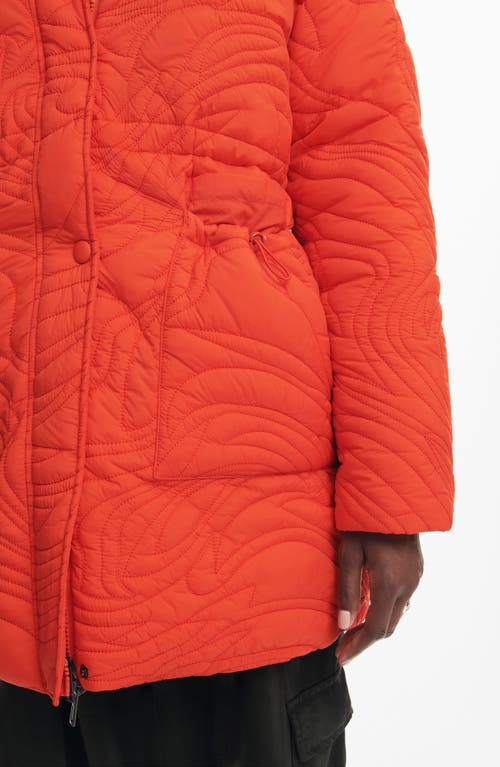 Desigual Aarhus Embroidered Quilted Coat With Removable Hood In Orange