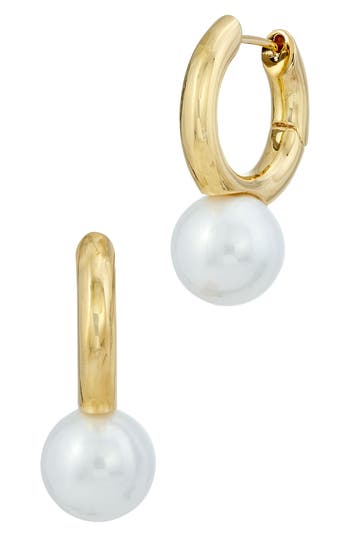 Savvy Cie Jewels Imitation Pearl Drop Huggie Hoop Earrings In Yellow
