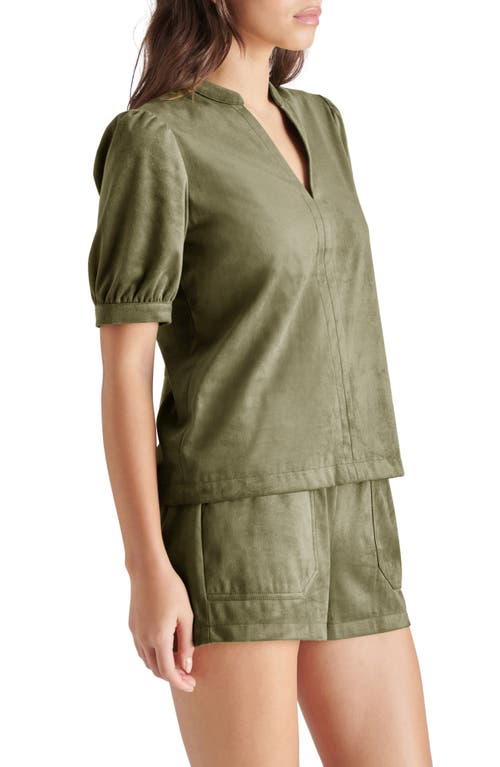 Shop Steve Madden Jane Puff Shoulder Faux Suede Top In Olive Night