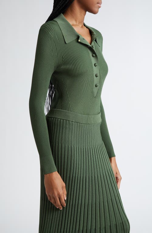 Shop Zimmermann Rib Long Sleeve Polo Sweater In Forest