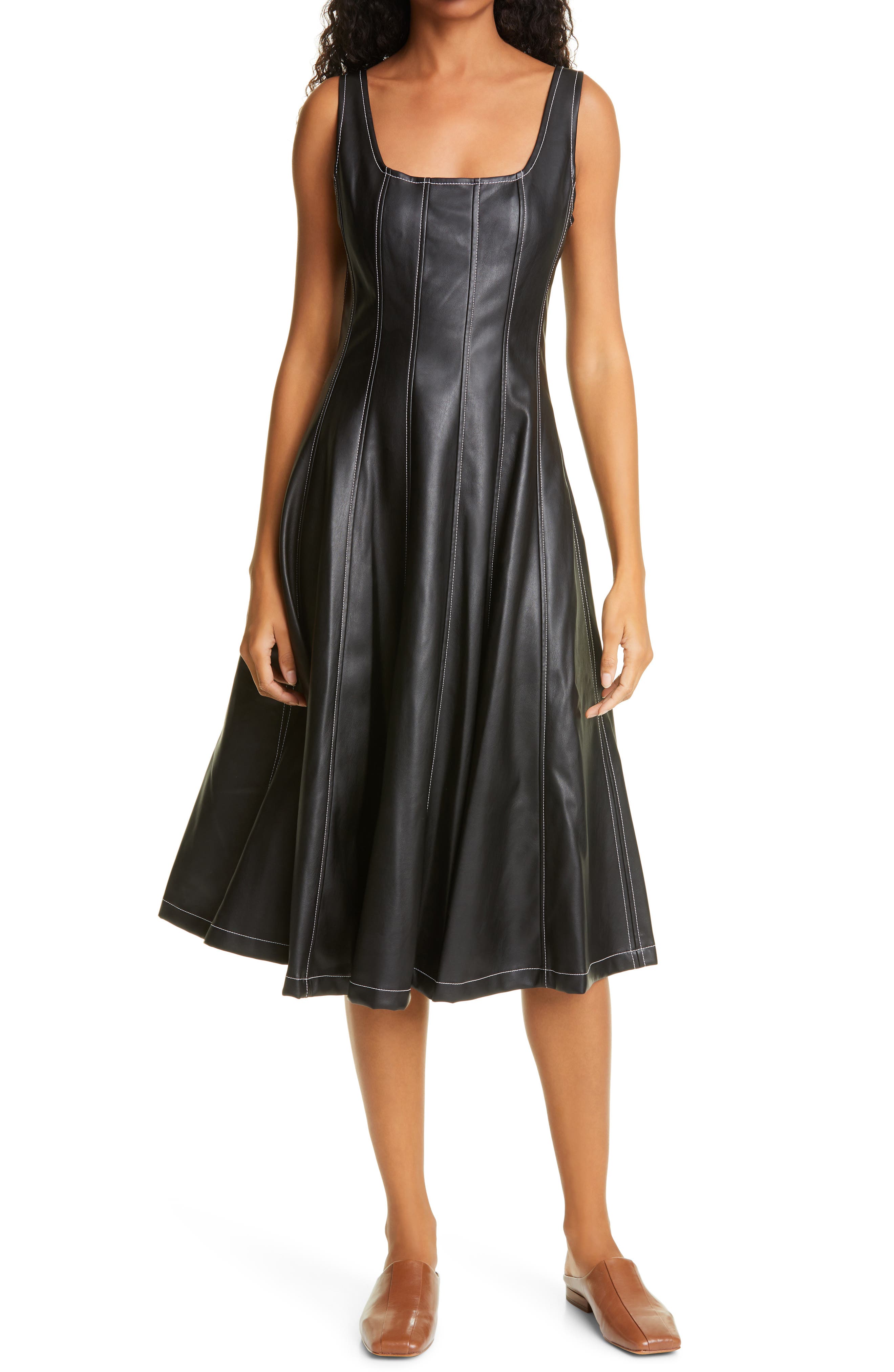 Staud Wells Fit & Flare Faux Leather Midi Dress In Black