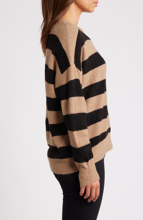 Shop Zoe And Claire Stripe Crewneck Sweater In Mocha