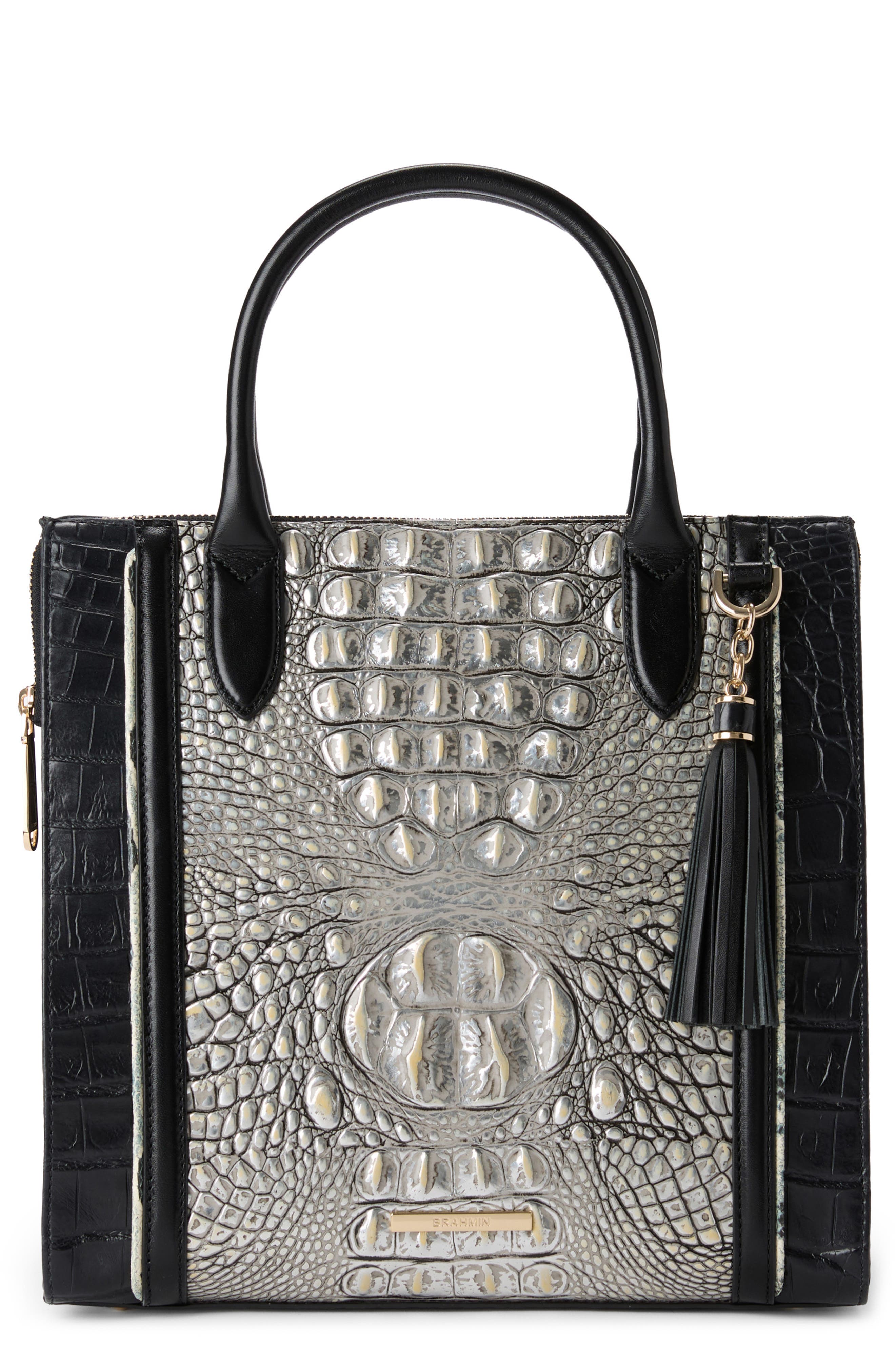 Brahmin Caroline Croc Embossed Leather Satchel in Chrome 