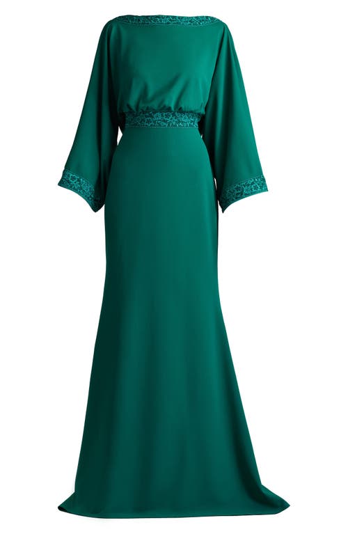 Tadashi Shoji Long-sleeve Open-back Gown In Emerald