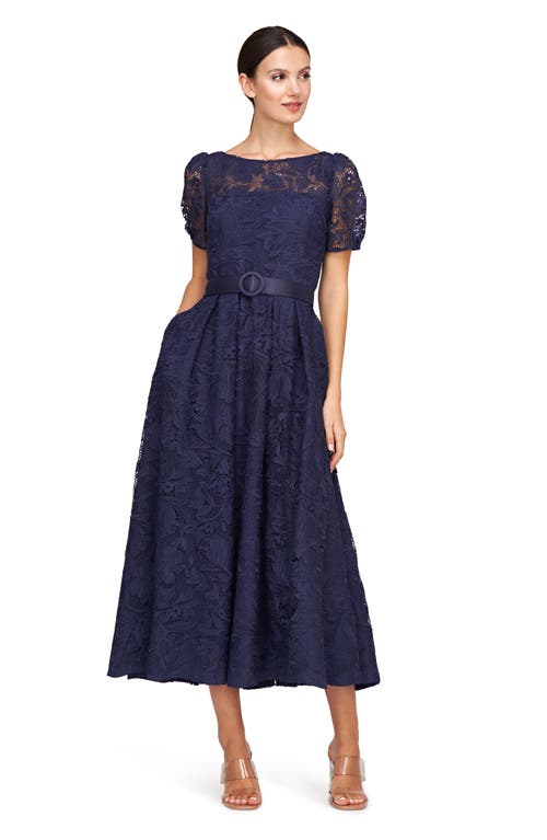 Shop Kay Unger Haisley Belted Lace Cocktail Dress In Dark Twilight