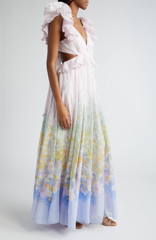 Shop Zimmermann Floral Ruffle Linen & Silk Gown In Blue Meadow