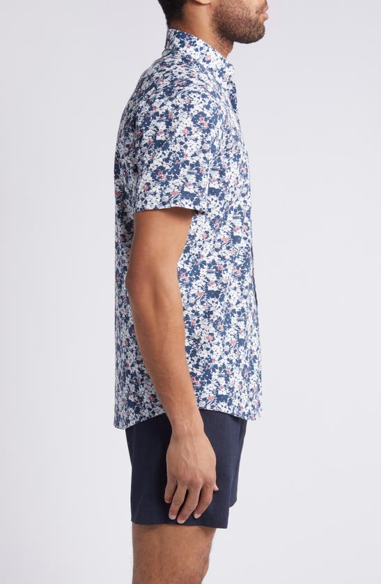 Shop Nordstrom Trim Fit Floral Short Sleeve Stretch Cotton & Linen Button-down Shirt In Navy- White Ditsy Field