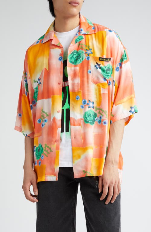 Martine Rose Gender Inclusive Floral Patchwork Boxy Satin Button-Up Camp Shirt Today Coral at Nordstrom,