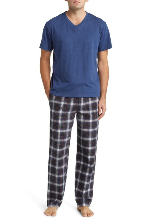 Majestic International V-neck T-shirt & Flannel Pajama Pants Set In Forest/blue