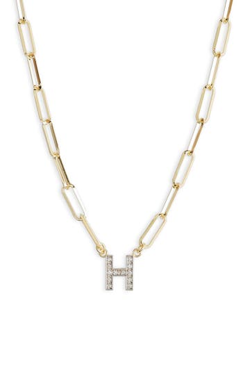 Meshmerise Diamond Initial Charm Paper Clip Chain Necklace In Gold