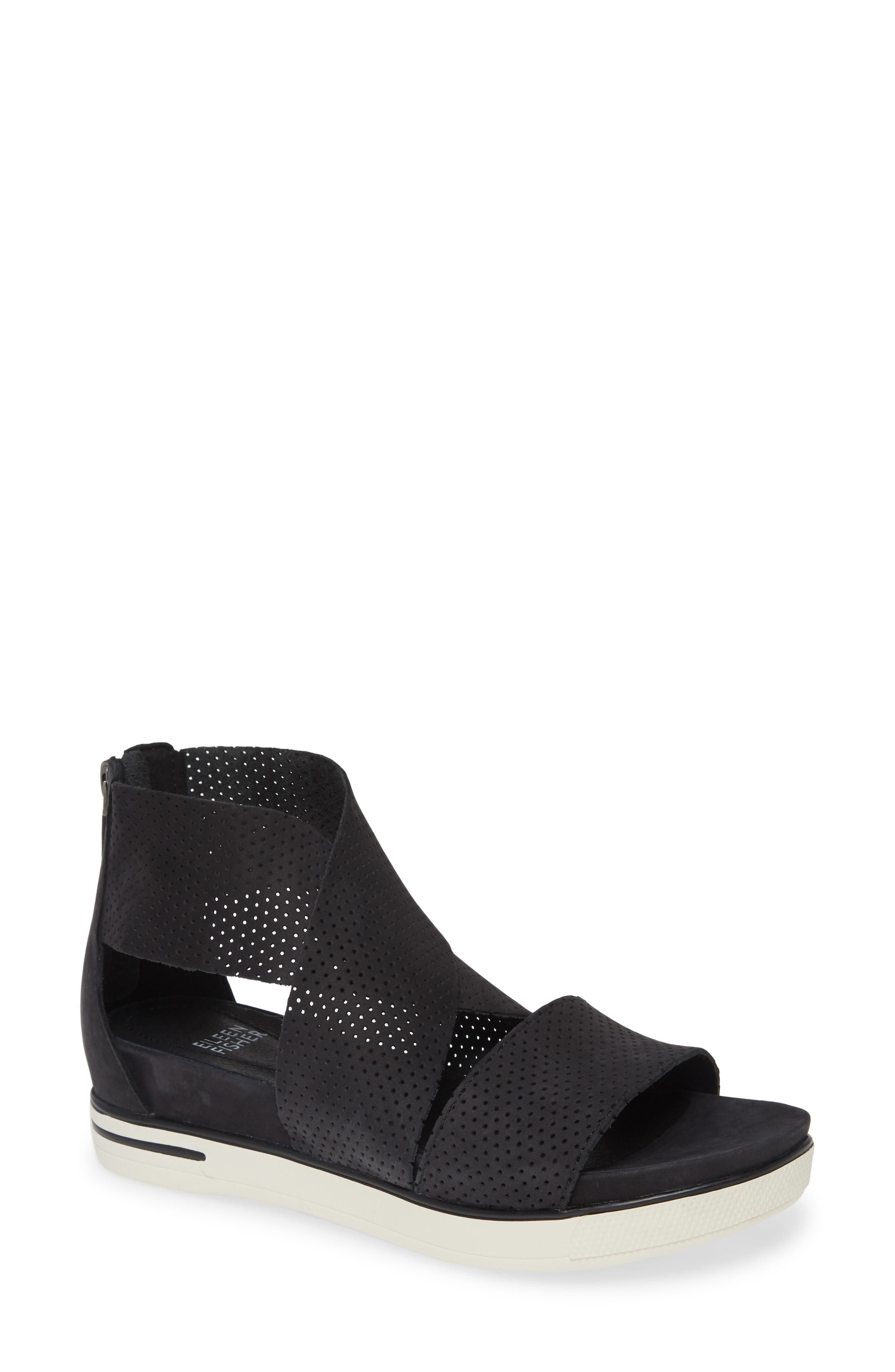 Eileen Fisher Sport Platform Sandal In Black/ White Nubuck Leather