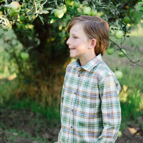 Hope & Henry Boys' Organic Flannel Shirt, Kids In Camel And Green Plaid