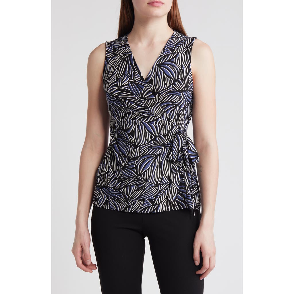 Anne Klein Printed Sleeveless Wrap Front Knit Top In Blu Jay/anne Black Multi