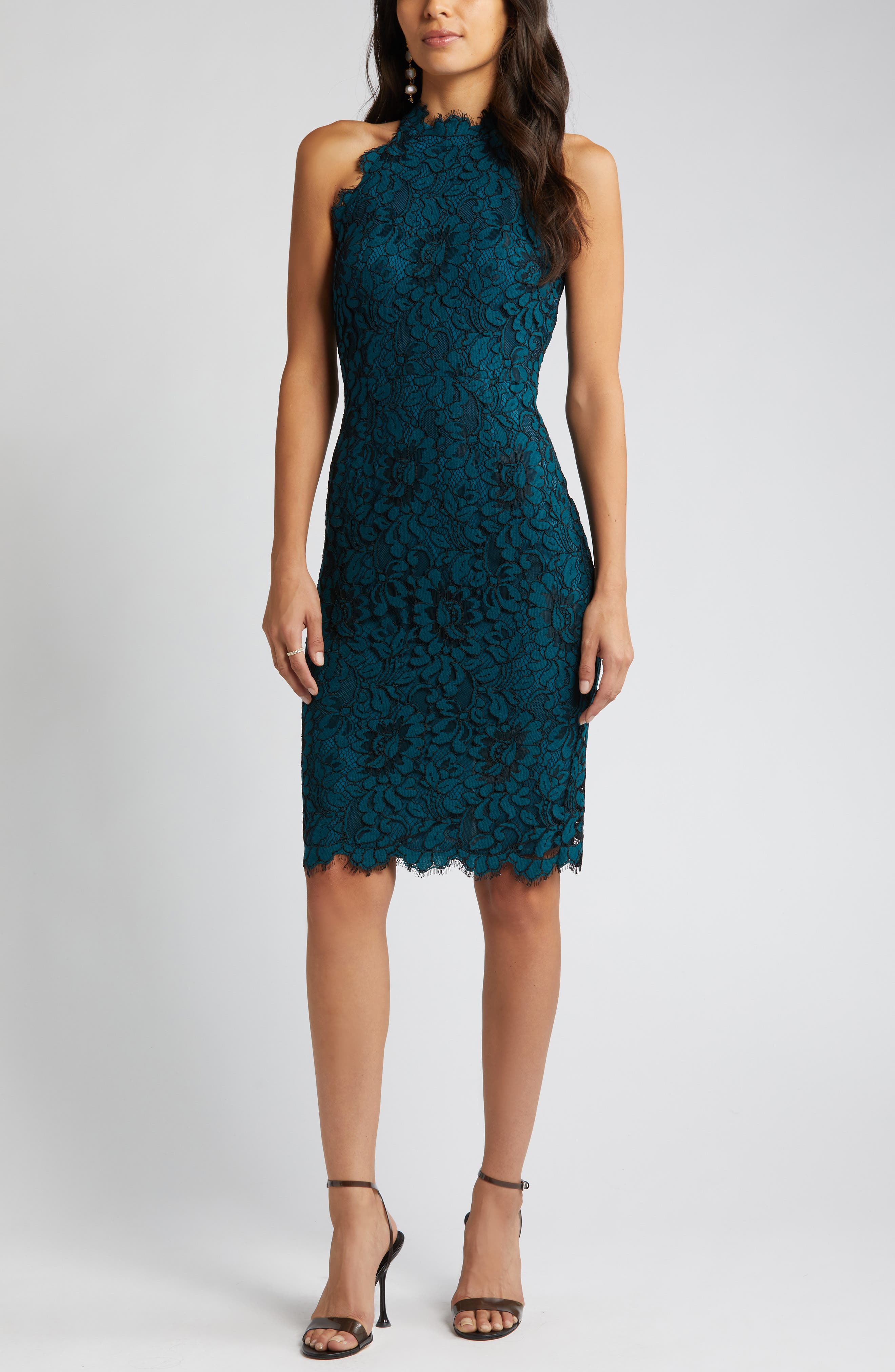 Eliza J Mock Neck Lace Sheath Dress in Teal | Smart Closet Eliza J Mock Neck Lace Sheath Dress in Teal | Smart Closet