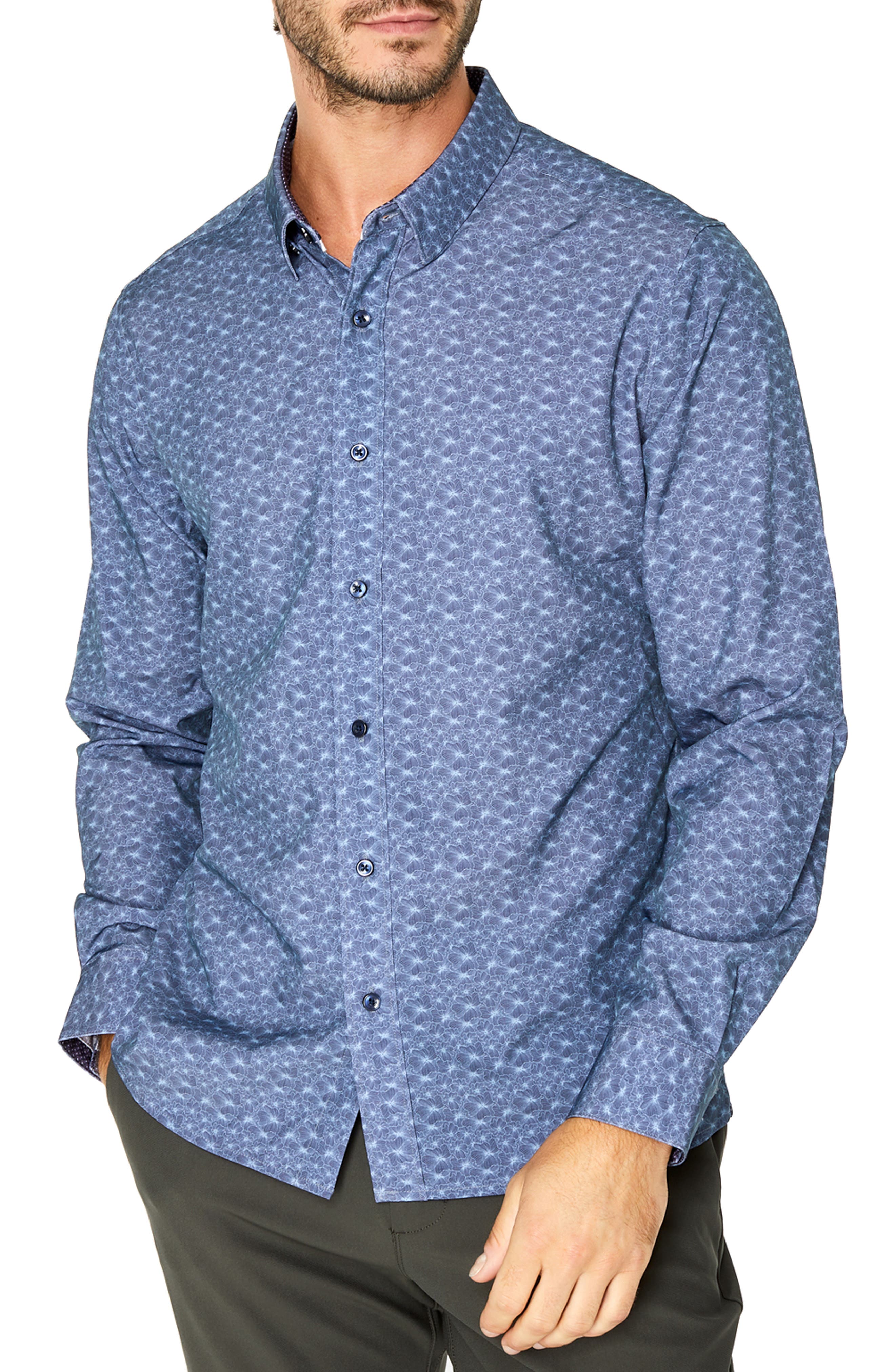 blue long sleeve button up shirt