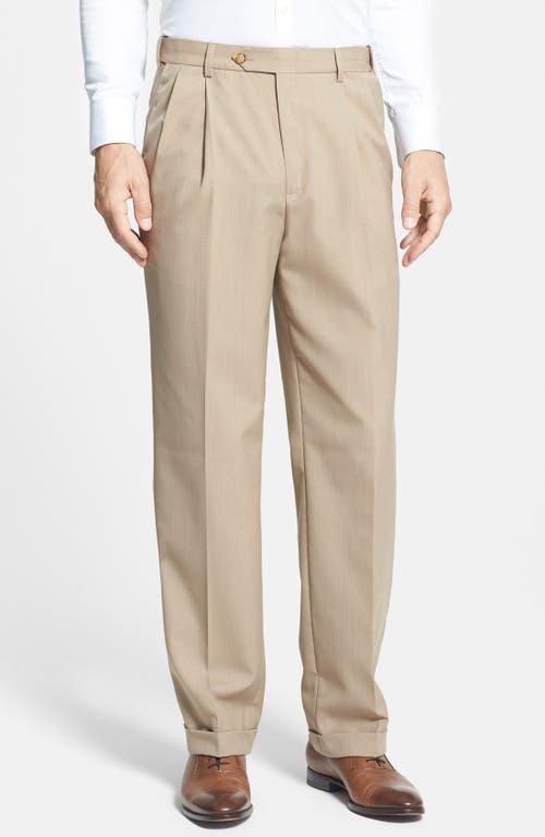Berle Self Sizer Waist Plain Weave Flat Front Washable Trousers in Tan