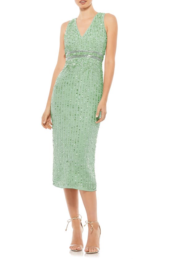 Mac Duggal Sequin Sleevess Midi Cocktail Dress In Sage
