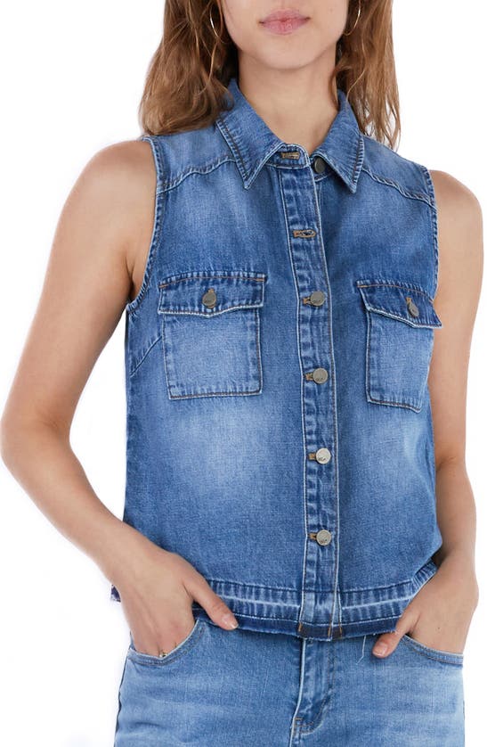 Shop Wash Lab Denim Clara Sleeveless Denim Button-up Shirt In Post Blue