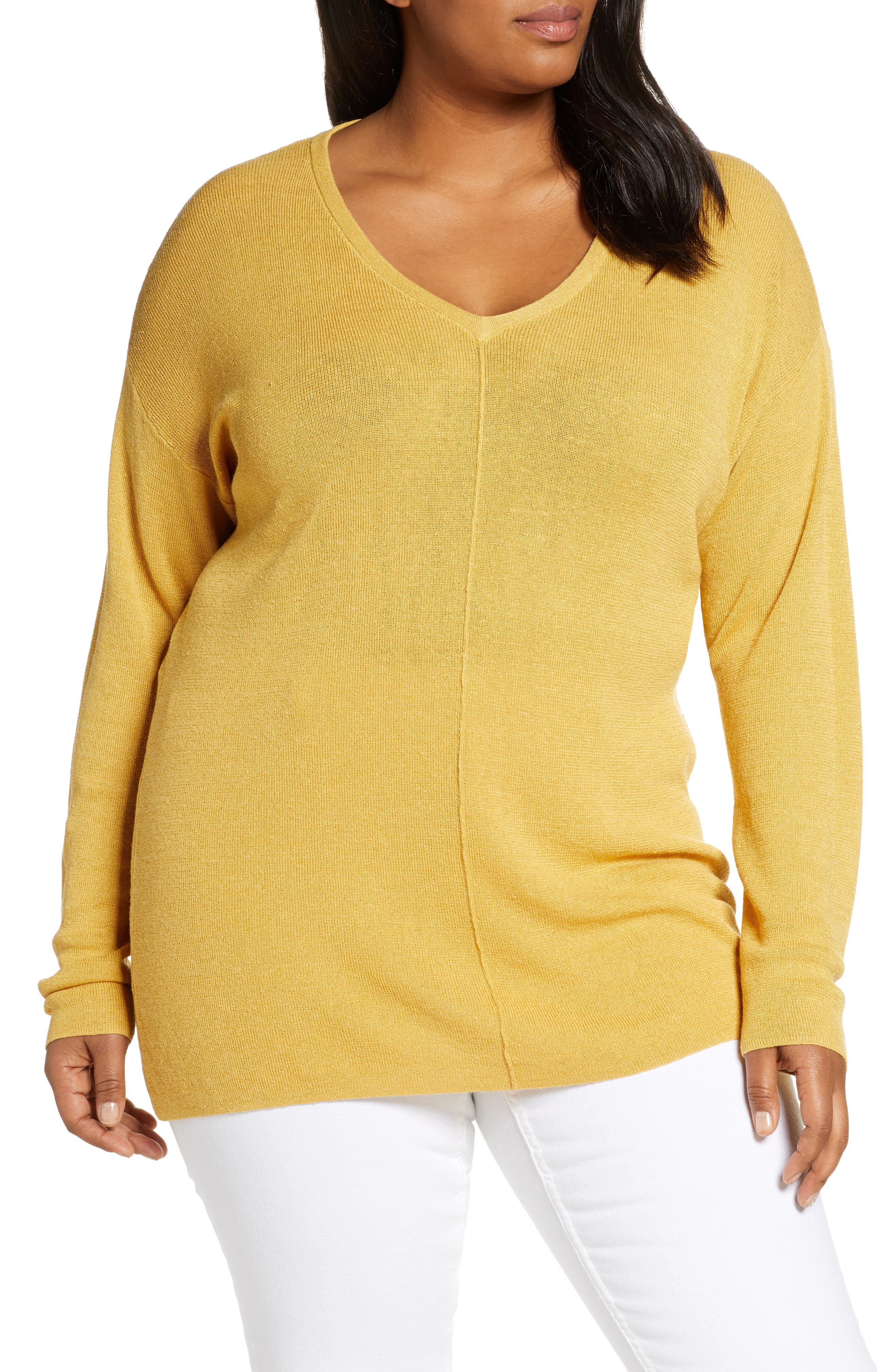 Plus Size Caslon V-Neck Linen Blend Sweater, Yellow