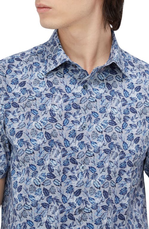 Shop Bugatchi Milo Ooohcotton® Leaf Print Short Sleeve Button-up Shirt In Night Blue