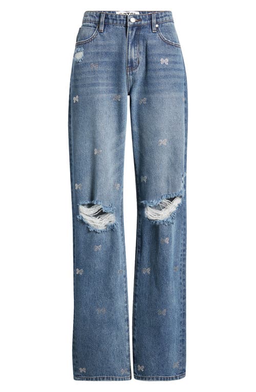 Shop Ptcl Rhinestone Bow Ripped High Waist Straight Leg Jeans In Indigo