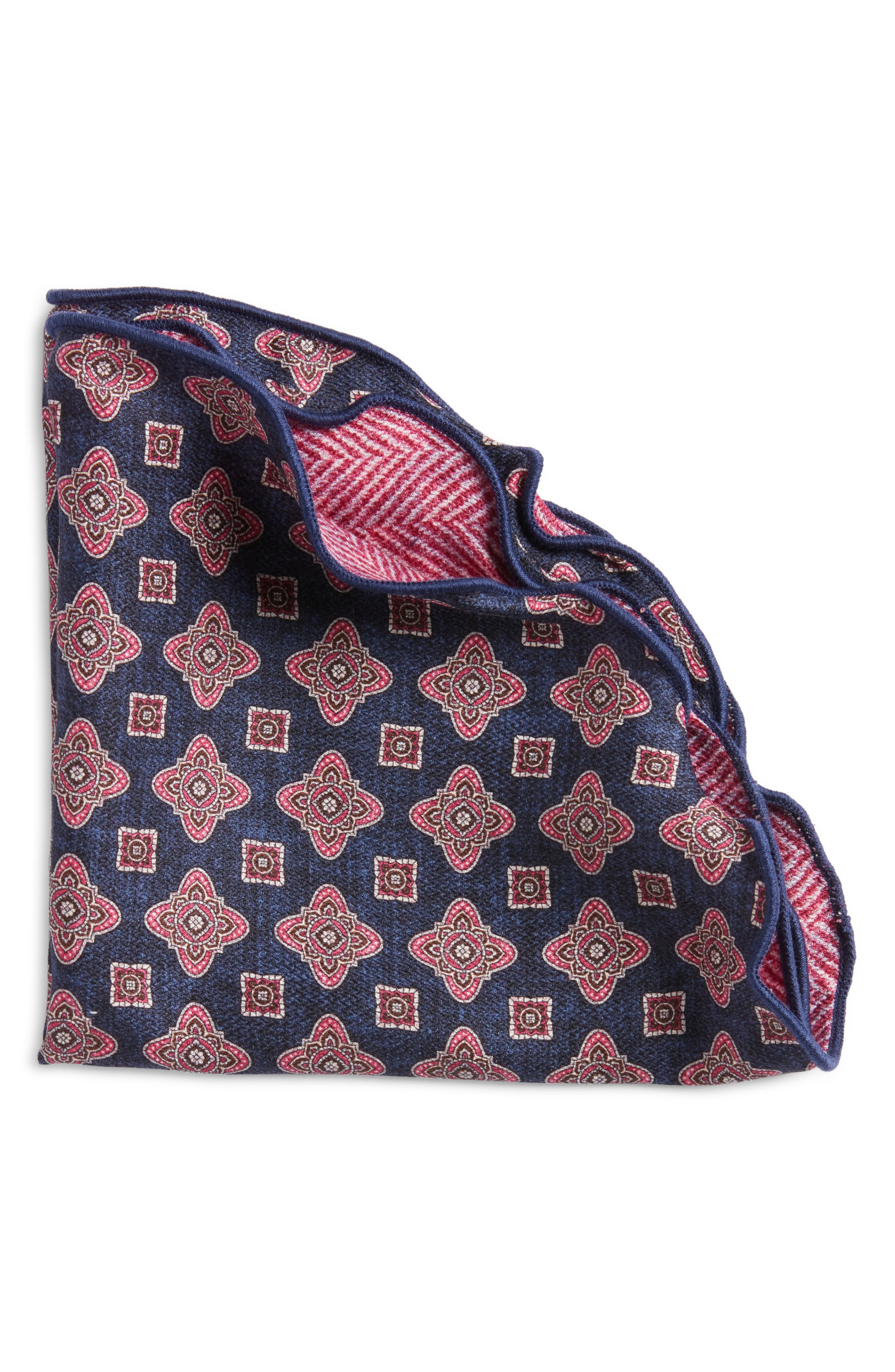 EDWARD ARMAH Quatrefoile Herringbone Reversible Silk Pocket Circle in Navy 