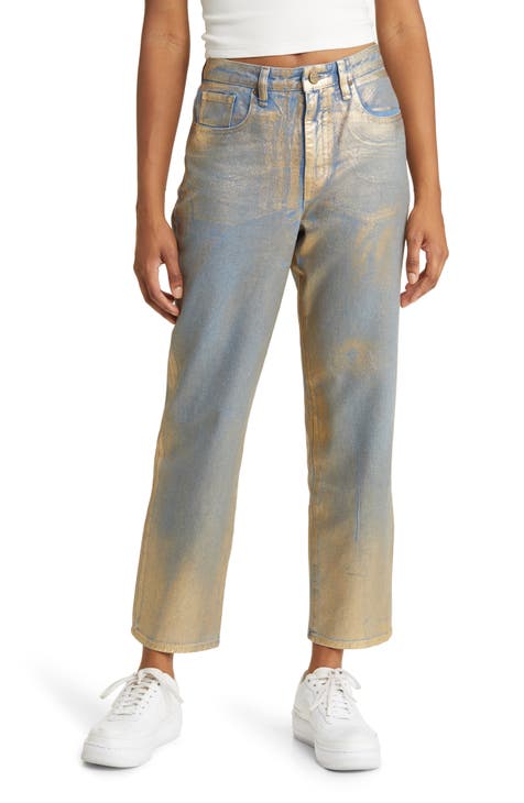 Copper Sparkly Pants - Lurex Knit Pants - Wide-Leg Metallic Pants