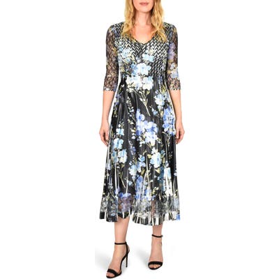 Komarov Floral Print V-Neck Charmeuse Tea Length Dress, Black