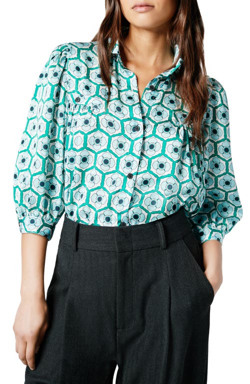 Smythe Gathered Puff Shoulder Shirt in Blue Green Floral at Nordstrom, Size X-Small
