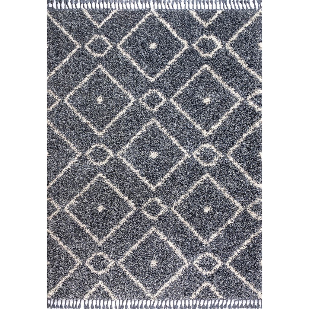 Jonathan Y Mercer Shag Plush Tassel Moroccan Diamond Denim Area Rug In Denim Blue/cream