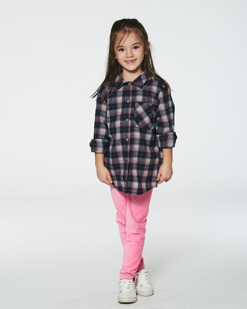 Deux Par Deux Girl's Long Sleeve Button Front Tunic Flannel Shirt Plaid Navy And Pink In Plaid Outdoor