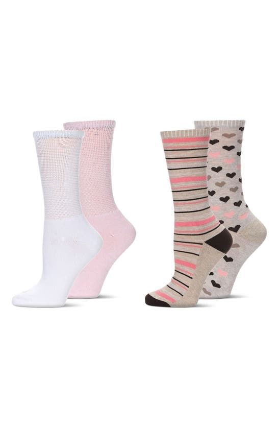 Memoi Assorted 4-pack Diabetic Crew Socks In Beige/ Pink/ White