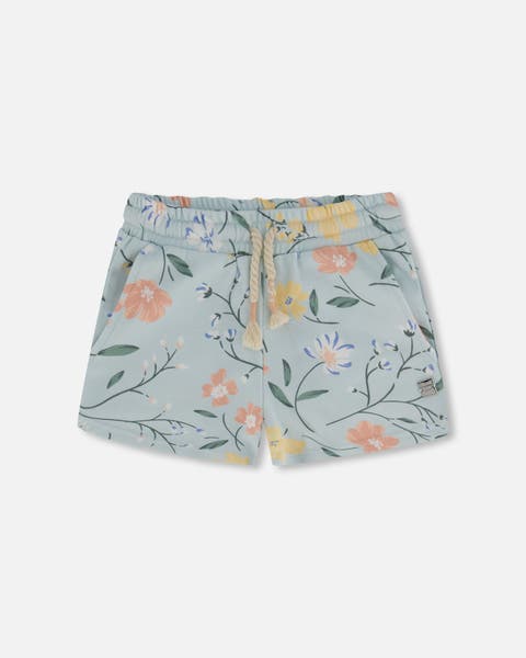 Girl's French Terry Short Baby Blue With Printed Romantic Flower