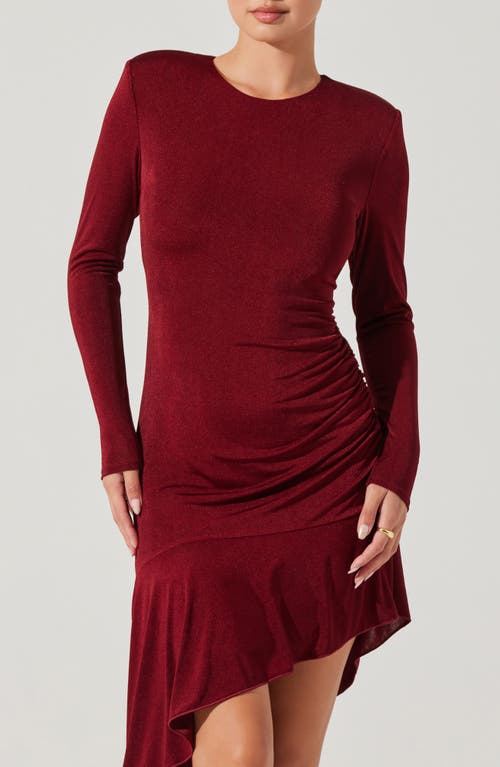 Shop Astr The Label Metallic Long Sleeve Asymmetric Hem Minidress In Wine