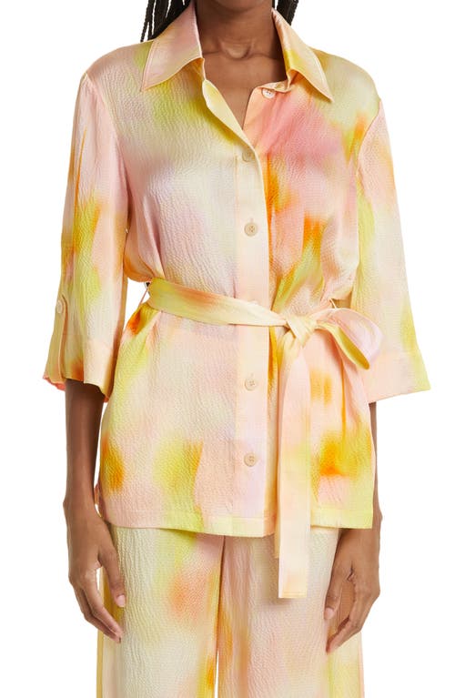 Rodebjer Zelda Tie Dye Belted Silk Tunic Blouse in Mango