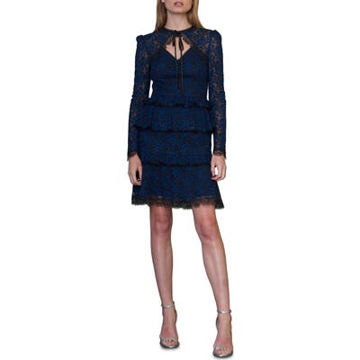 Ml Monique Lhuillier Tie Neck Long Sleeve Lace Cocktail Dress, Black