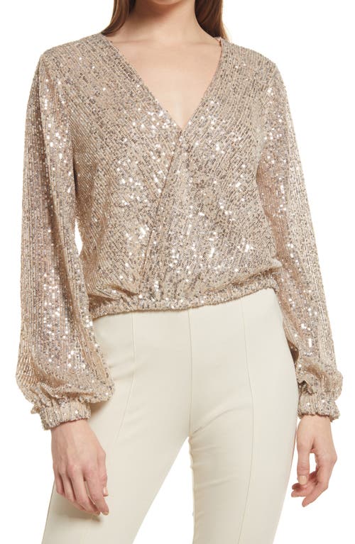 Open Edit Sequin V-Neck Top Beige- Silver Sequins at Nordstrom,