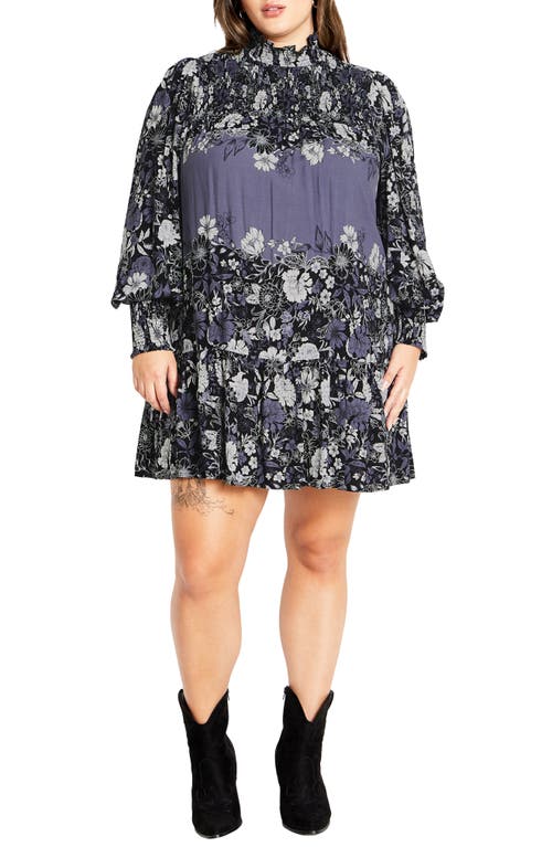 City Chic Cassia Long Sleeve Shift Dress In Blue Floral Plc