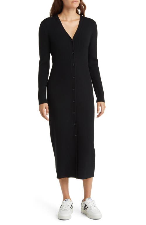 caslon(r) Long Sleeve Button-Up Rib Sweater Dress in Black