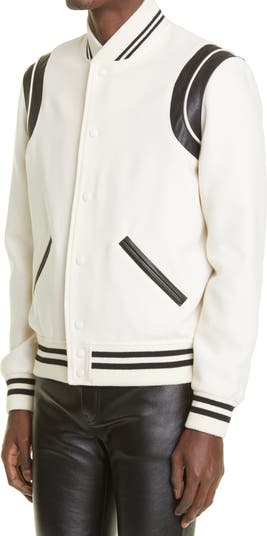Saint Laurent Black and White Leather Teddy Bomber Jacket Saint