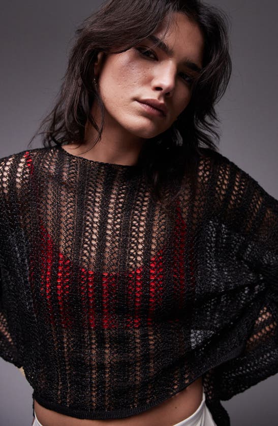 Shop Topshop Sheer Stripe Sweater In Black