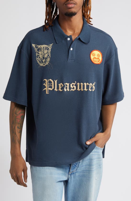 Shop Pleasures Wyatt Logo Boxy Piqué Polo In Navy