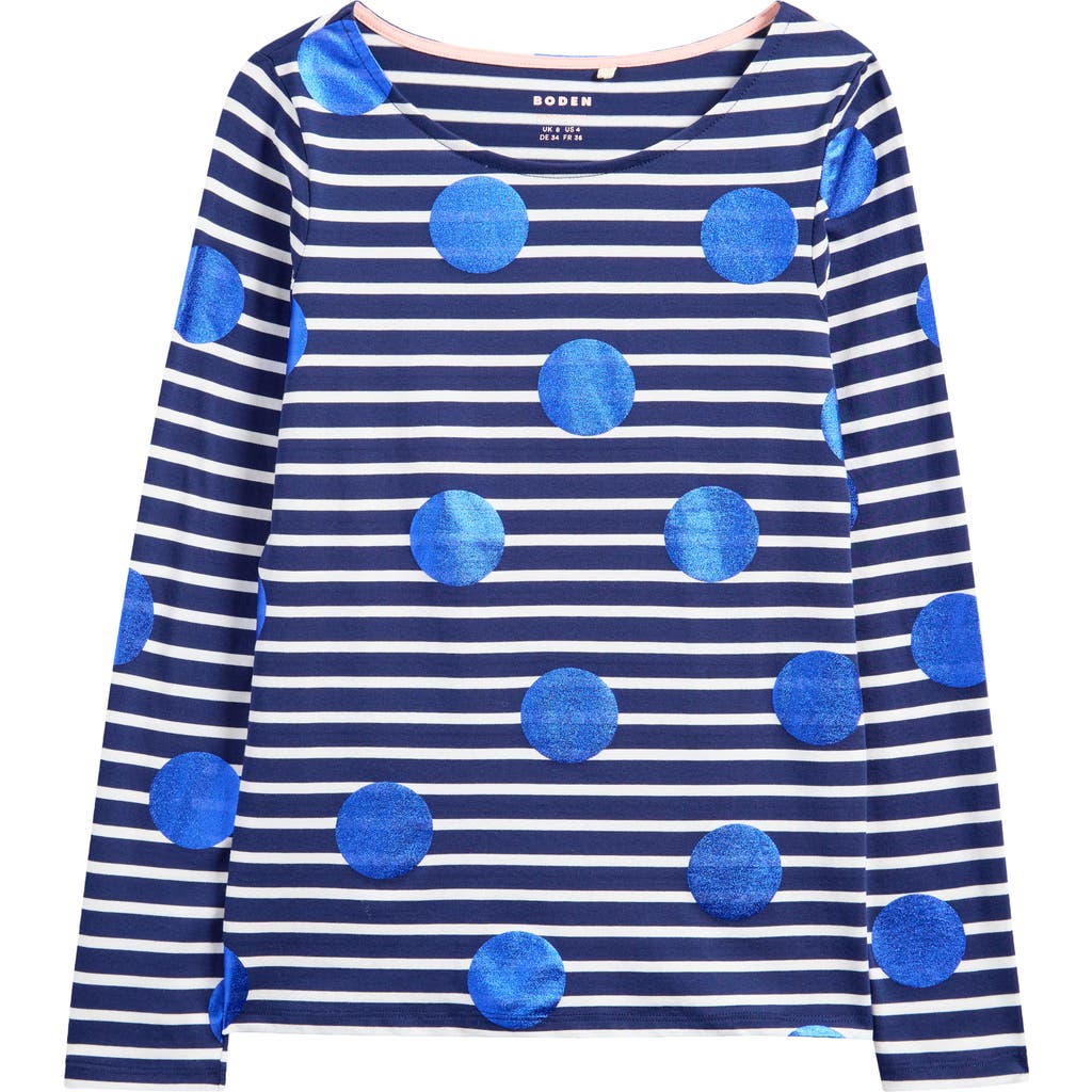 Boden Ella Breton Stripe Long Sleeve T-Shirt in Navy Ivory Blue Spot