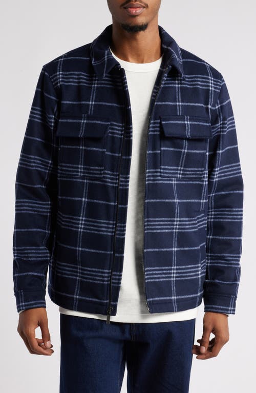 Shop Open Edit Plaid Flannel Zip-up Shirt Jacket In Navy- Grey Grid Plaid