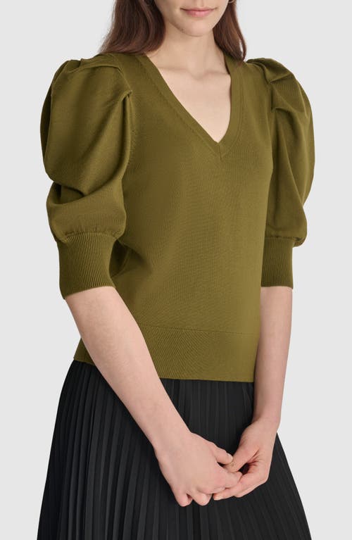 Shop Dkny Puff Sleeve V-neck Sweater In Dark Olive