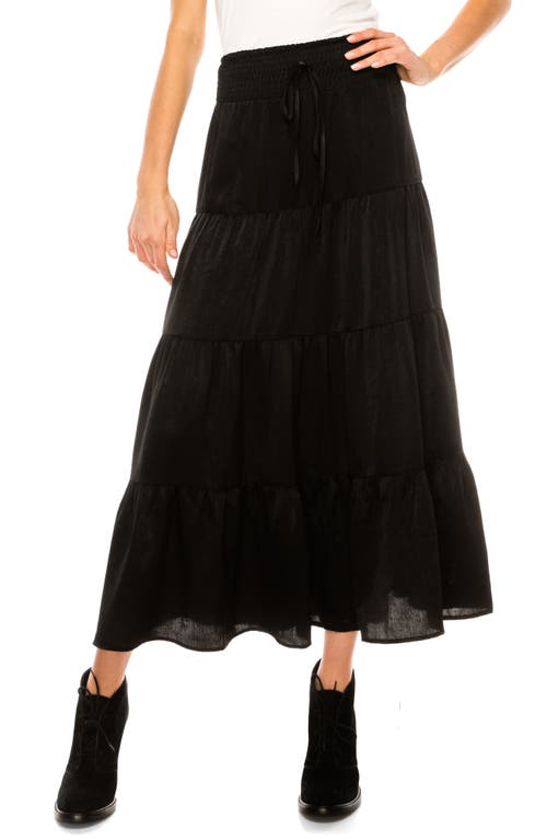 The Danette Tiered Satin Maxi Skirt in Black
